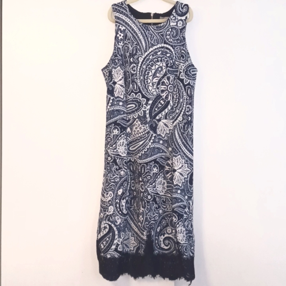 H&M Dark Blue and White Midi Dress with Frayed Lace Hem in Size Small